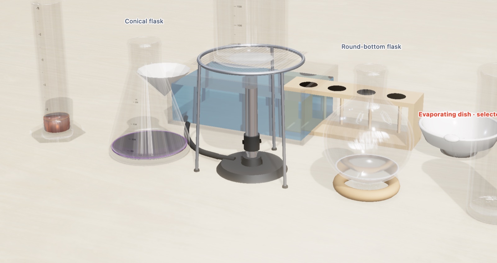 The Chemistry Lab table: permanganate in a conical flask, iron(III) chloride in a measuring cylinder, a round bottom flask in its ring, a trough, a rack, a funnel and a lit Bunsen burner on a birch bench