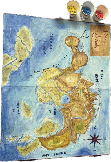 A map of an island drawn and painted by hand, with its seas and places named in ink.