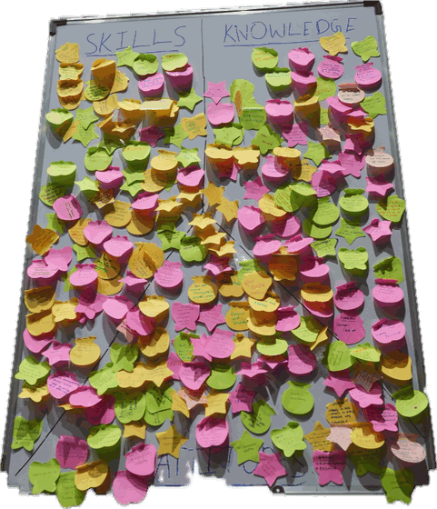 A whiteboard covered in pink, yellow and green sticky notes under two headings, Skills and Knowledge.