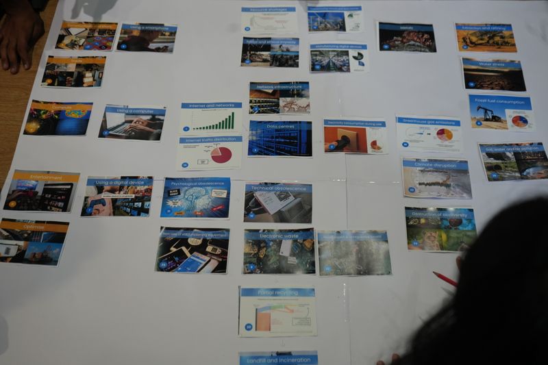 Printed cards laid out on chart paper, tracing the life of a digital device from metals and data centres to electronic waste.