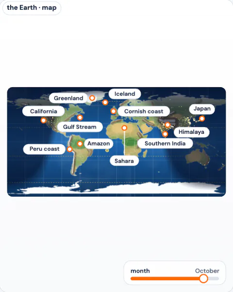 The Earth in 2D: a world map with places to visit and a month slider