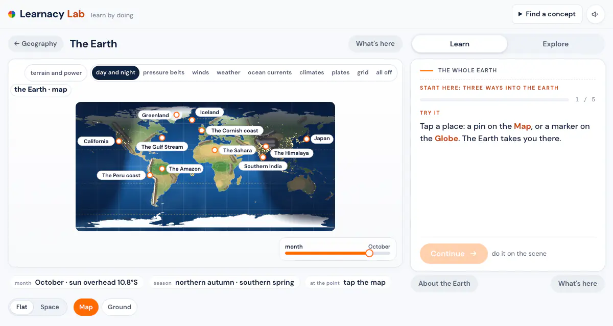 The Earth lab: a world map with places to visit and a month slider